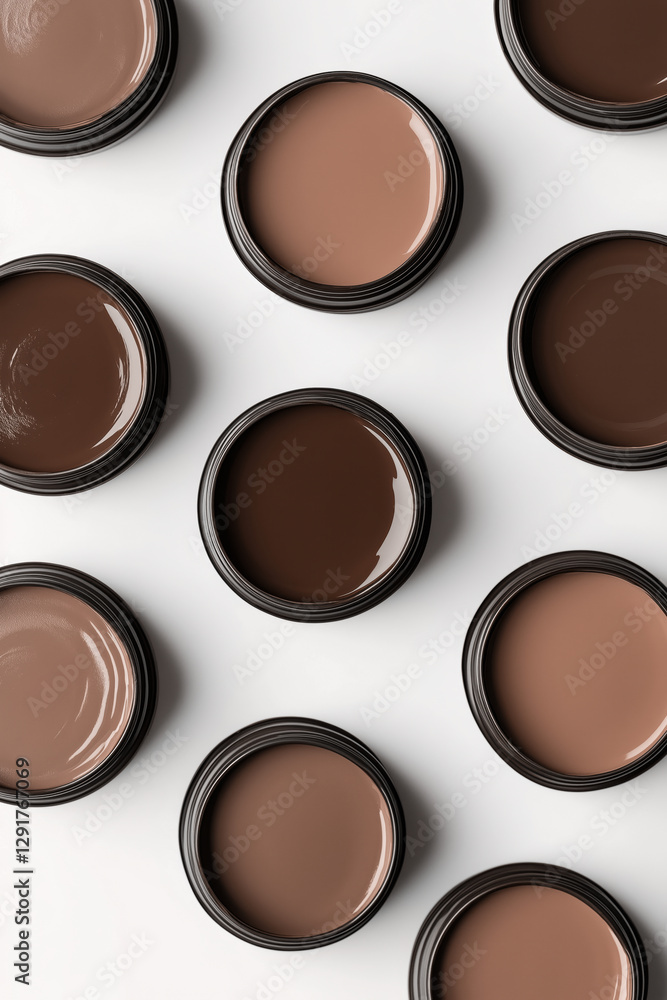 Fototapeta premium Mocha mousse, brown paint in cans, top view of circular containers, glossy texture, round lids