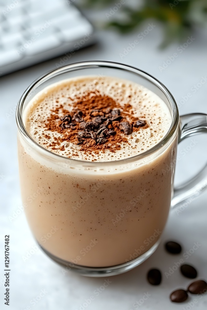 Creamy mocha latte topped with chocolate shavings and cocoa powder in clear glass mug on white surface, scattered coffee beans add decorative touch. Creamy mocha latte topped with chocolate shavings and cocoa powder in clear glass mug on white surface, scattered coffee beans add decorative touch.