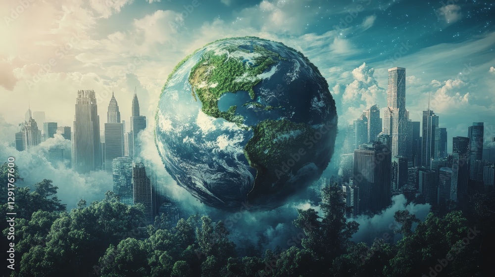 Floating Cityscape With Lush Tree Above Clouds and Urban Skyline During Daylight Showcases Harmony Between Nature and Modern Architecture Floating Cityscape With Lush Tree Above Clouds and Urban Skyline During Daylight Showcases Harmony Between Nature and Modern Architecture