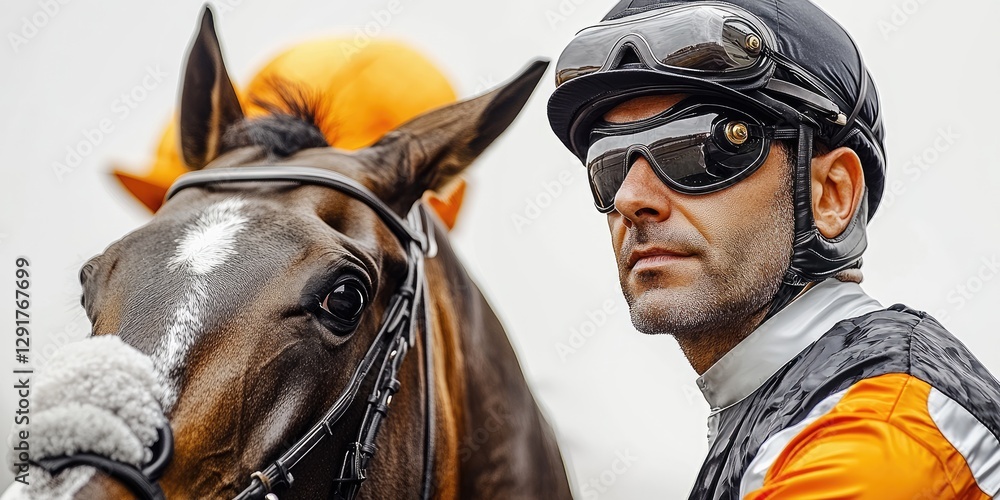 Fototapeta premium Jockey and horse portrait, race day, outdoor, cloudy background, stock photo