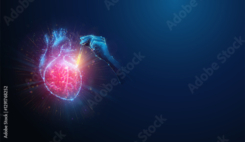 Lowpoly Hand Take Tests to Diagnose Heart Health. Abstract geometric illustration on circulatory system disease diagnostic healthcare medical concept made of neon particles on blue background