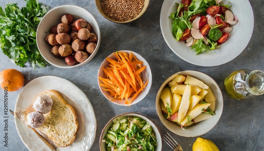 Assorted Healthy Foods: Flat Lay Display on Table Assorted Healthy Foods: Flat Lay Display on Table