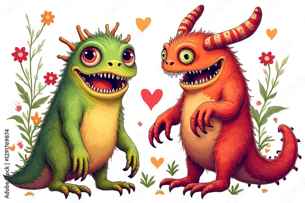 Naklejka premium Cute Cartoon Monsters in Love with Flowers and Hearts - Adorable Couple Illustration