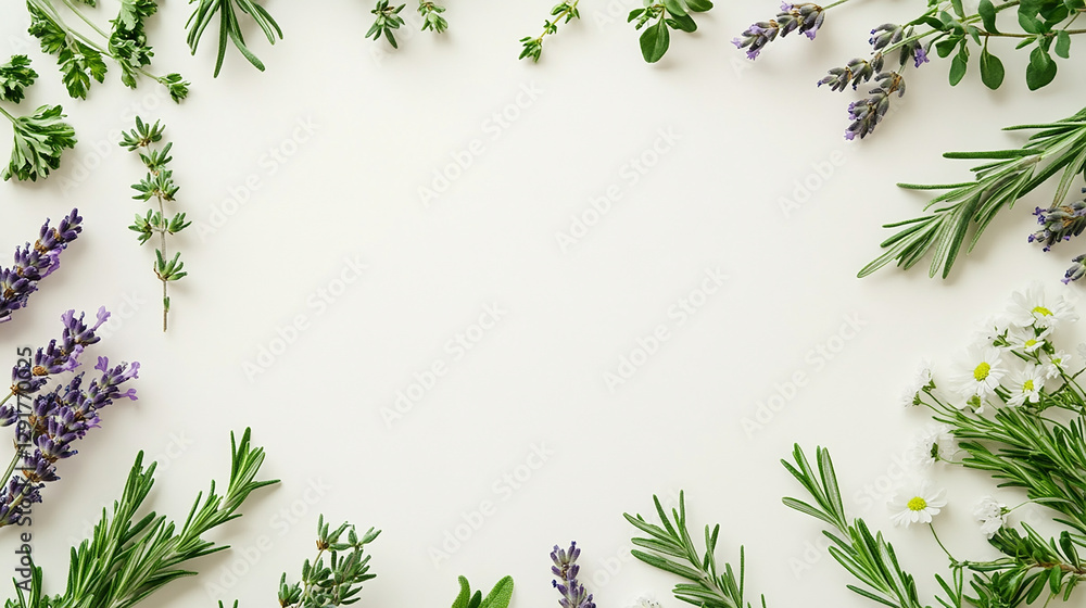 Naklejka premium A minimalist lavender and herb frame with sprigs of