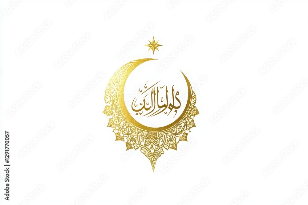 Naklejka premium A luxurious eid greeting card adorned with gold foil detailing featuring intricate arabic calligraphy and a crescent moon design