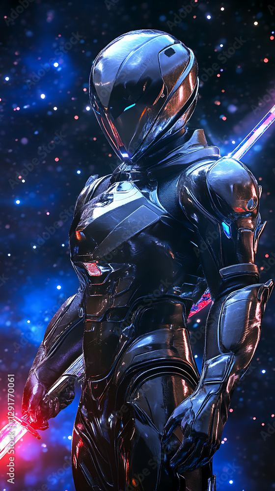 Naklejka premium character with space fighter suit and laser sword on cosmic background