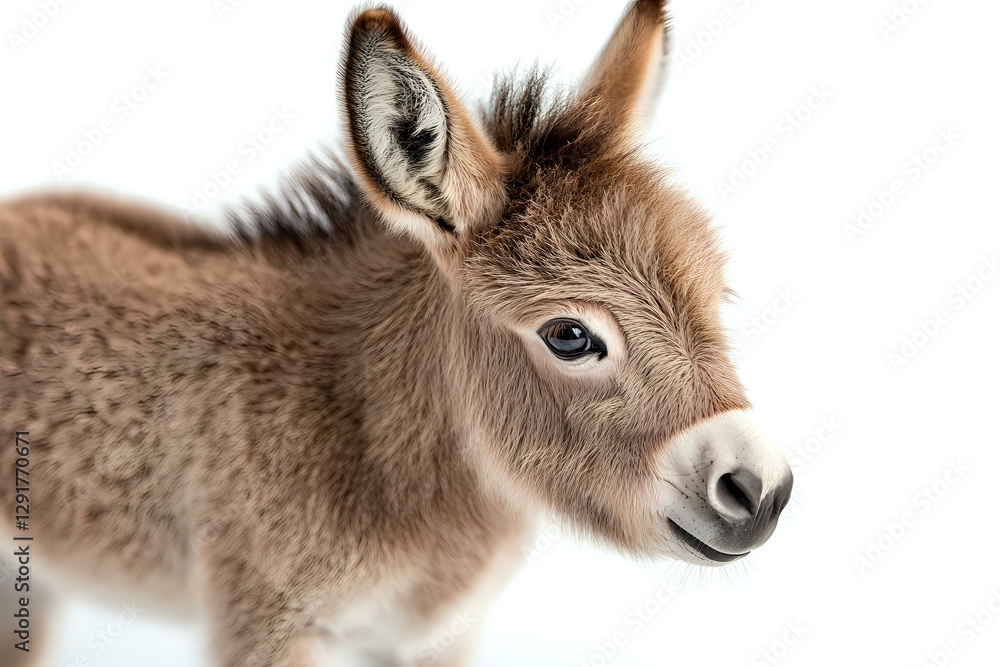 Fototapeta premium Young brown donkey foal with soft fuzzy fur and gentle expression against white background, isolated portrait showing sweet face and perked ears.
