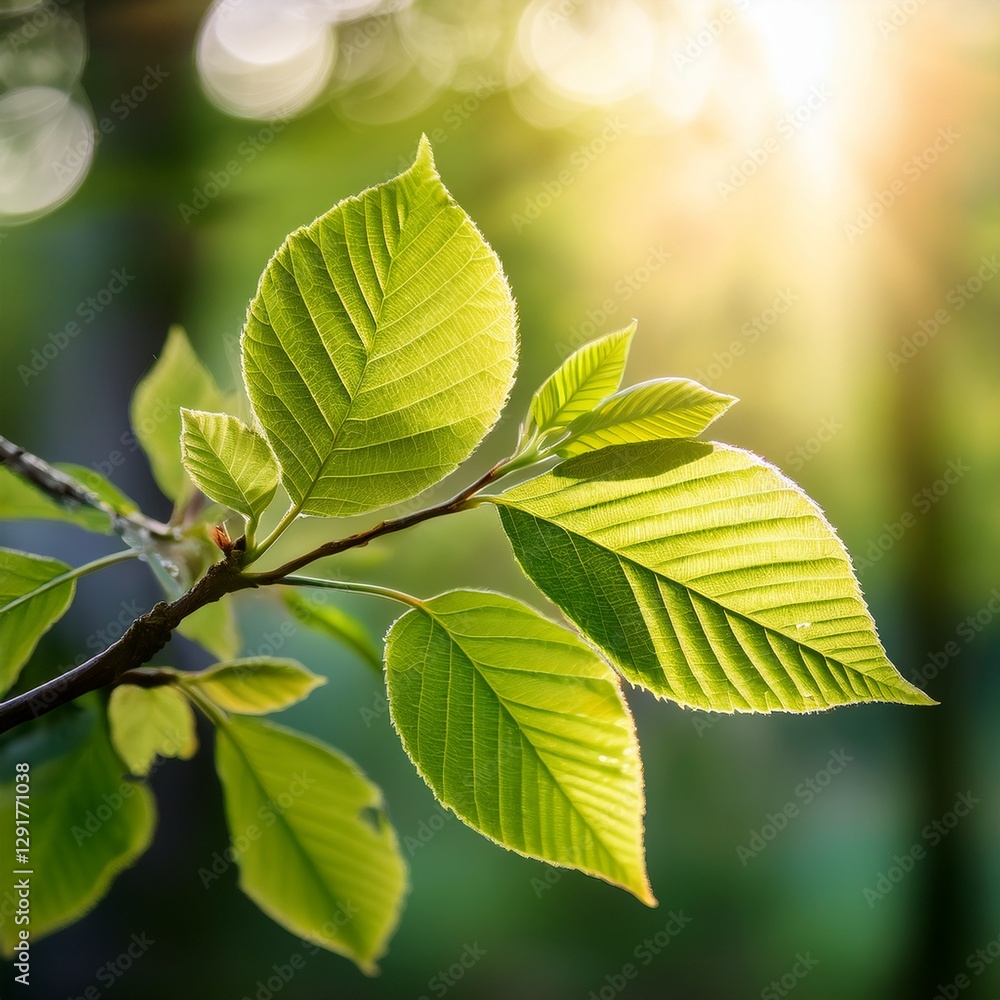 A detailed shot of fresh green spring leaves slowly unfolding on a young tree branch. The light filters through the leaves, casting a soft glow and highlighting the fine veins, capturing the beauty A detailed shot of fresh green spring leaves slowly unfolding on a young tree branch. The light filters through the leaves, casting a soft glow and highlighting the fine veins, capturing the beauty