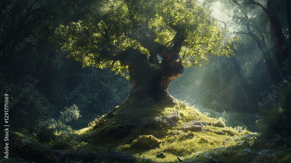 Ancient tree in sunlit forest clearing. Ancient tree in sunlit forest clearing.