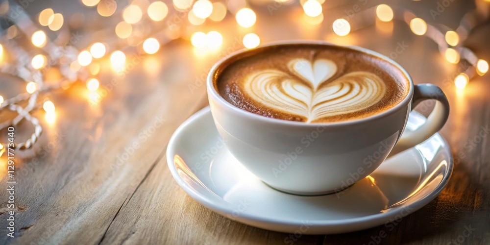Obraz premium Aromatic Latte with Intricate Heart Design, Illuminated by Soft Festive Lights on a Rustic Wooden Table