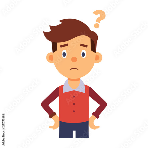 a flat illustration of a man confused with a question mark, brown hair, hands on his vest