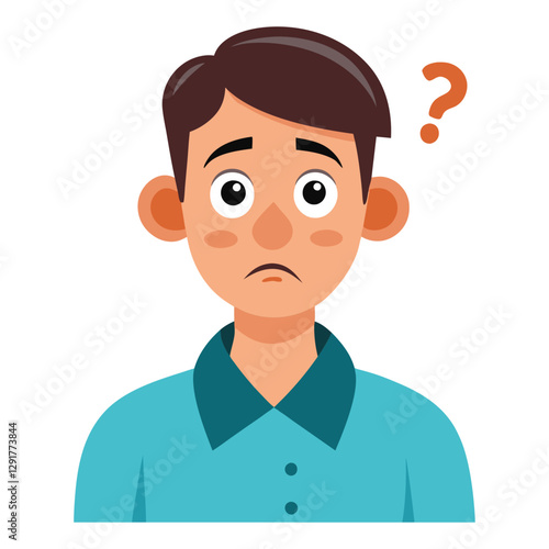 a flat illustration of a man confused with a question mark wearing a ferozi shirt