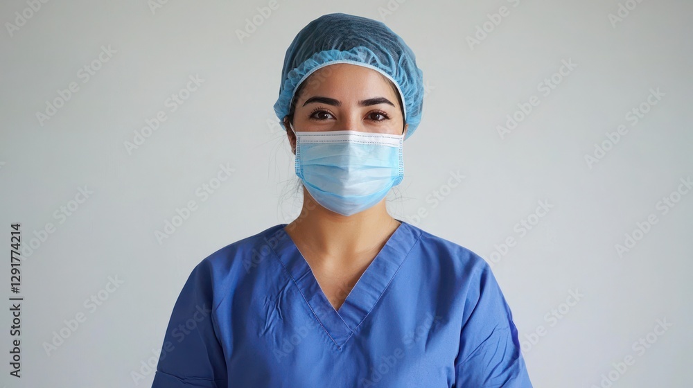 A surgeon in a blue scrubs and surgical mask, standing in front of a white background. A surgeon in a blue scrubs and surgical mask, standing in front of a white background.