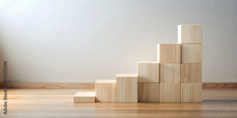 Ascending Wooden Blocks Forming a Step-like Structure on a Light Wood Surface Against a Neutral Background Ascending Wooden Blocks Forming a Step-like Structure on a Light Wood Surface Against a Neutral Background