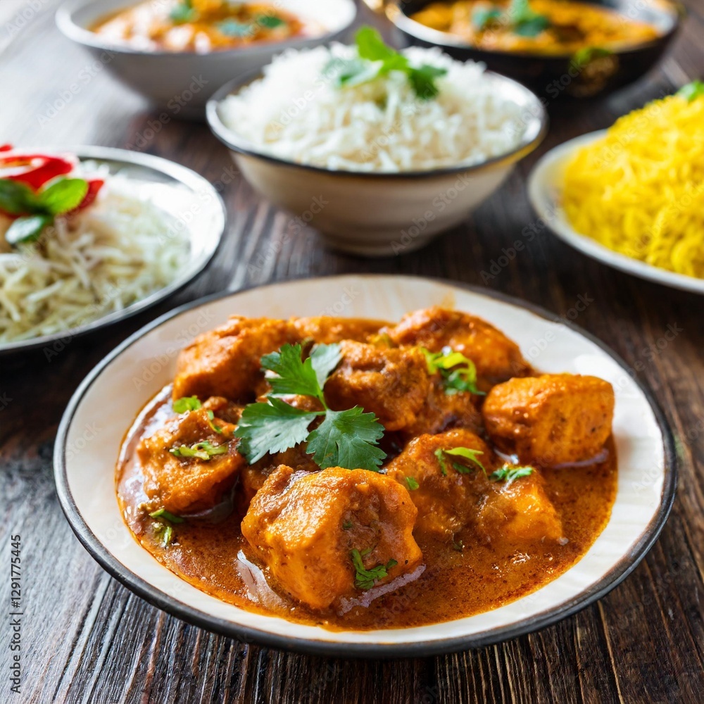 Assorted Indian Dishes: Close-Up Collection of Butter Chicken, Biryani, and More