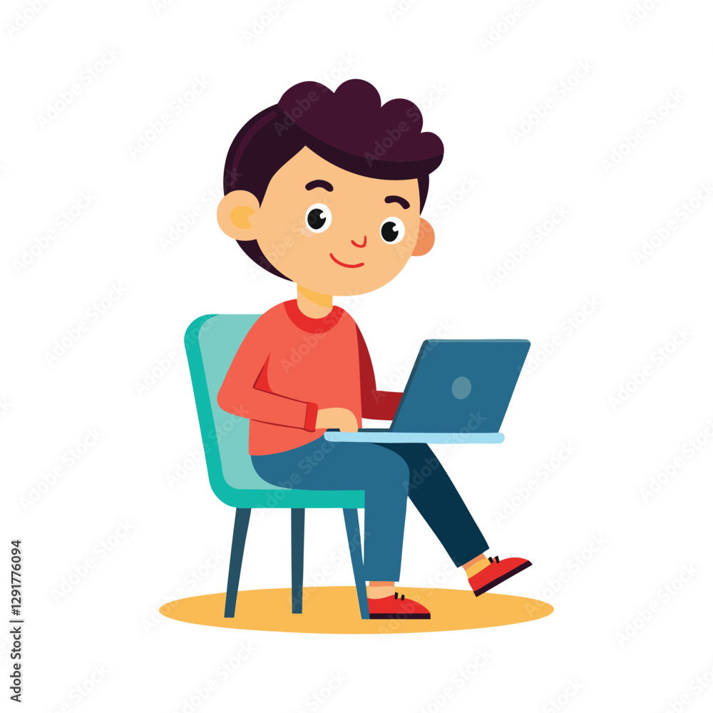 a flat illustration of a boy sitting and using a laptop, face front, a red shirt, a flat illustration of a boy sitting and using a laptop, face front, a red shirt,