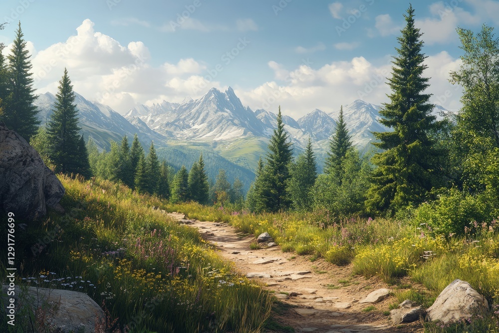 Breathtaking mountain landscape with a winding path through lush greenery and vibrant wildflowers during daylight