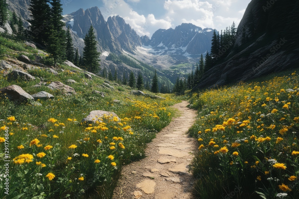 Beautiful mountain trail surrounded by vibrant wildflowers under a clear sky showcasing the serenity of nature in springtime