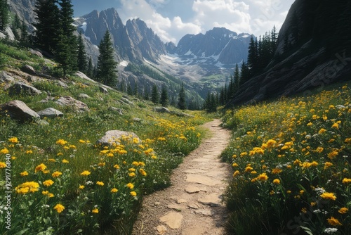 Obraz na płótnie Beautiful mountain trail surrounded by vibrant wildflowers under a clear sky showcasing the serenity of nature in springtime w salonie