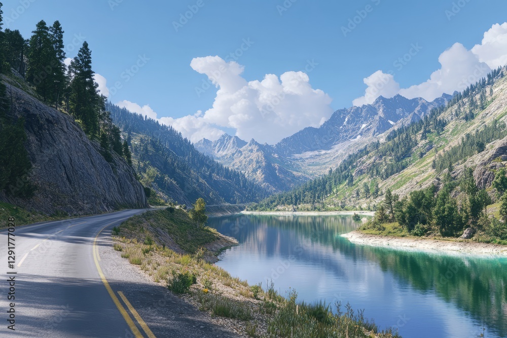 A breathtaking mountain landscape unfolds, featuring a tranquil lake alongside a meandering road, all set beneath a vibrant, clear blue summer sky