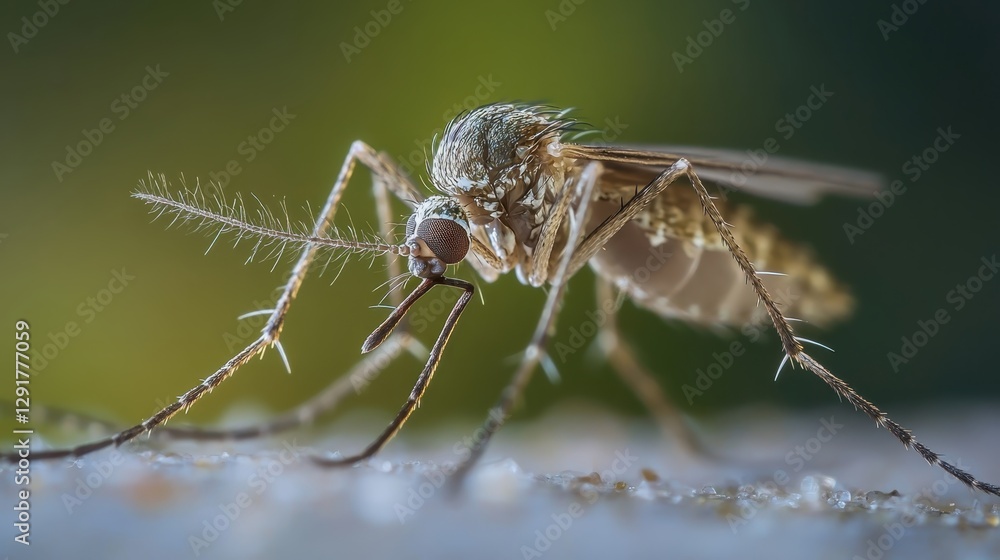 Close-up of a mosquito resting on a surface during daytime showcasing intricate details of its anatomy and features in a natural environment Close-up of a mosquito resting on a surface during daytime showcasing intricate details of its anatomy and features in a natural environment
