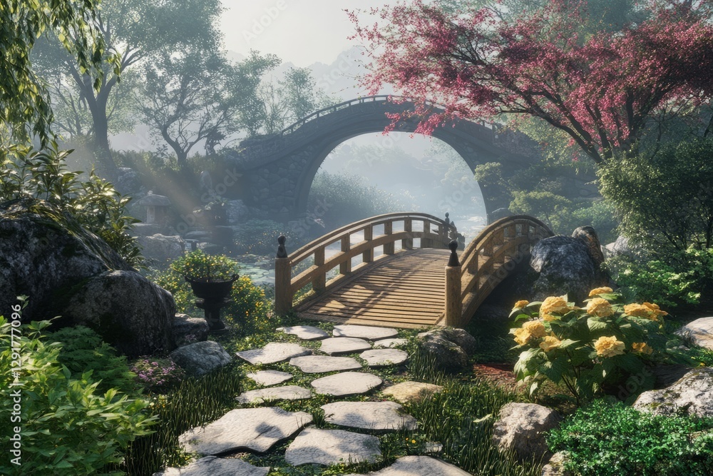A serene garden featuring a wooden bridge over a tranquil waterway surrounded by lush greenery and blooming flowers in a peaceful natural setting