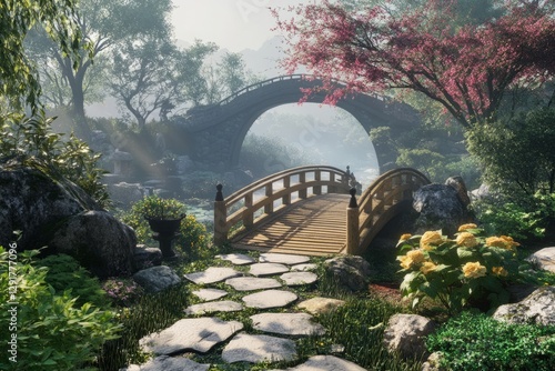 Obraz na płótnie A serene garden featuring a wooden bridge over a tranquil waterway surrounded by lush greenery and blooming flowers in a peaceful natural setting w salonie