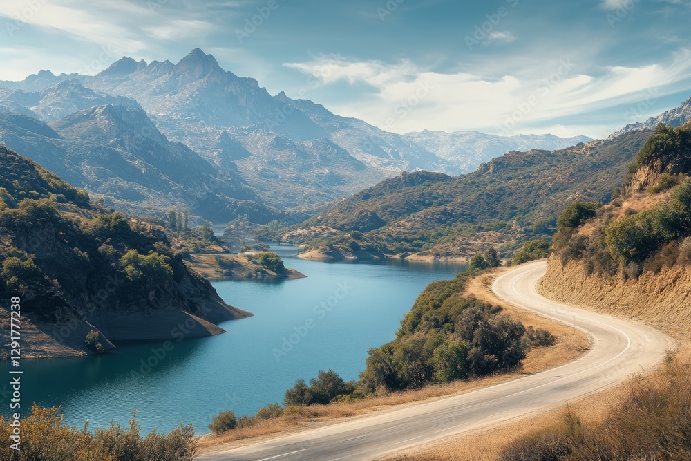 A peaceful mountain landscape unfolds before your eyes, featuring a winding road that gracefully curves alongside a tranquil lake, all beneath a bright and clear blue sky