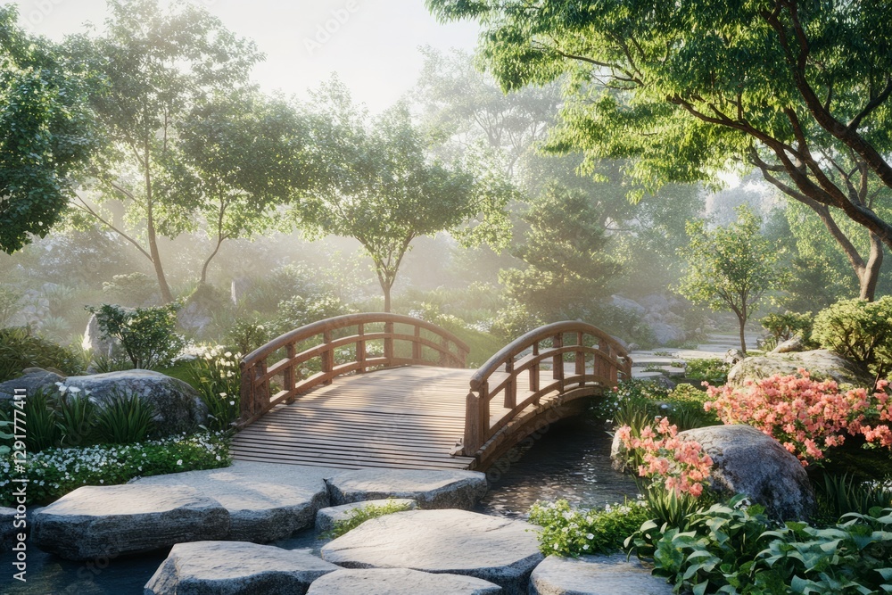 Tranquil garden scene featuring a wooden bridge over a serene waterway surrounded by lush greenery and vibrant flowers in the early morning light