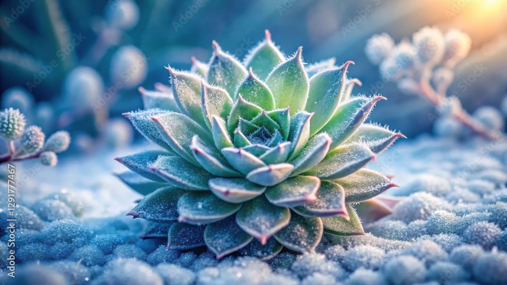 Fototapeta premium A frosty succulent plant, delicately adorned with ice crystals, basks in the soft glow of morning sunlight, a breathtaking winter scene of natural beauty.