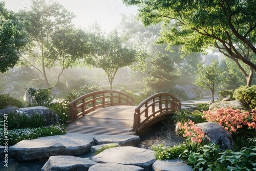 Obraz na płótnie Tranquil garden scene featuring a wooden bridge over a serene waterway surrounded by lush greenery and vibrant flowers in the early morning light w salonie