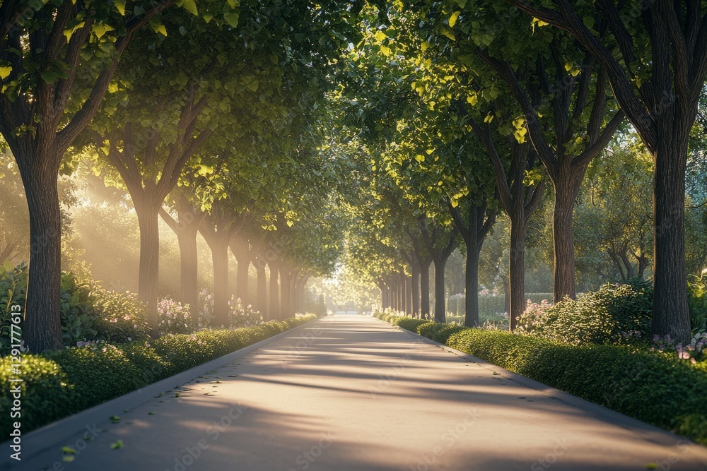Sunlight filters through trees lining a peaceful path in a serene garden during early morning hours