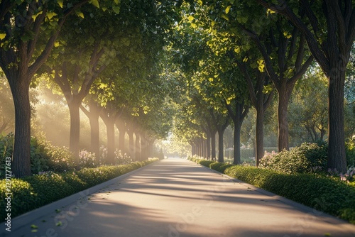 Sunlight filters through trees lining a peaceful path in a serene garden during early morning hours
