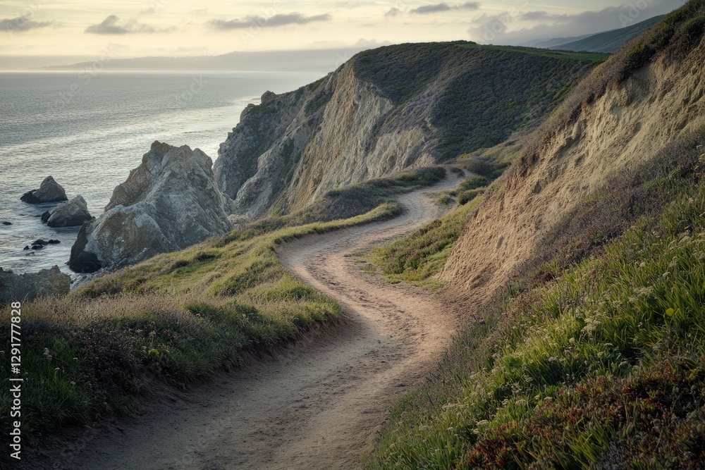 A picturesque and winding coastal trail meanders alongside dramatic cliffs, offering stunning views of the ocean at sunset, all set within a beautifully serene landscape