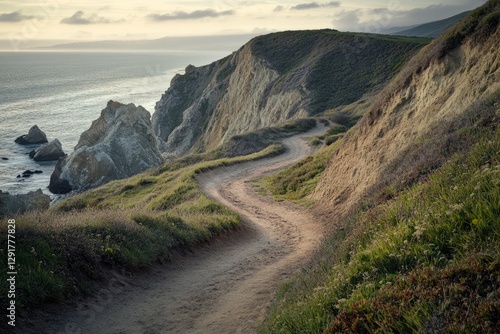 Obraz na płótnie A picturesque and winding coastal trail meanders alongside dramatic cliffs, offering stunning views of the ocean at sunset, all set within a beautifully serene landscape w salonie