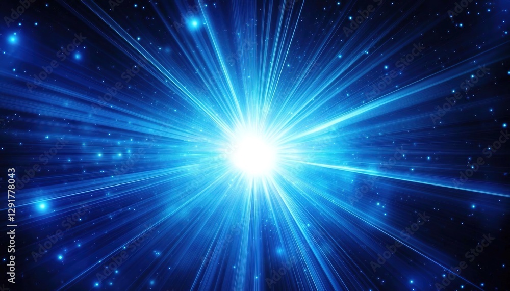 Glowing blue light rays against a background with shining stars, representing an energy and space concept. Glowing blue light rays against a background with shining stars, representing an energy and space concept.