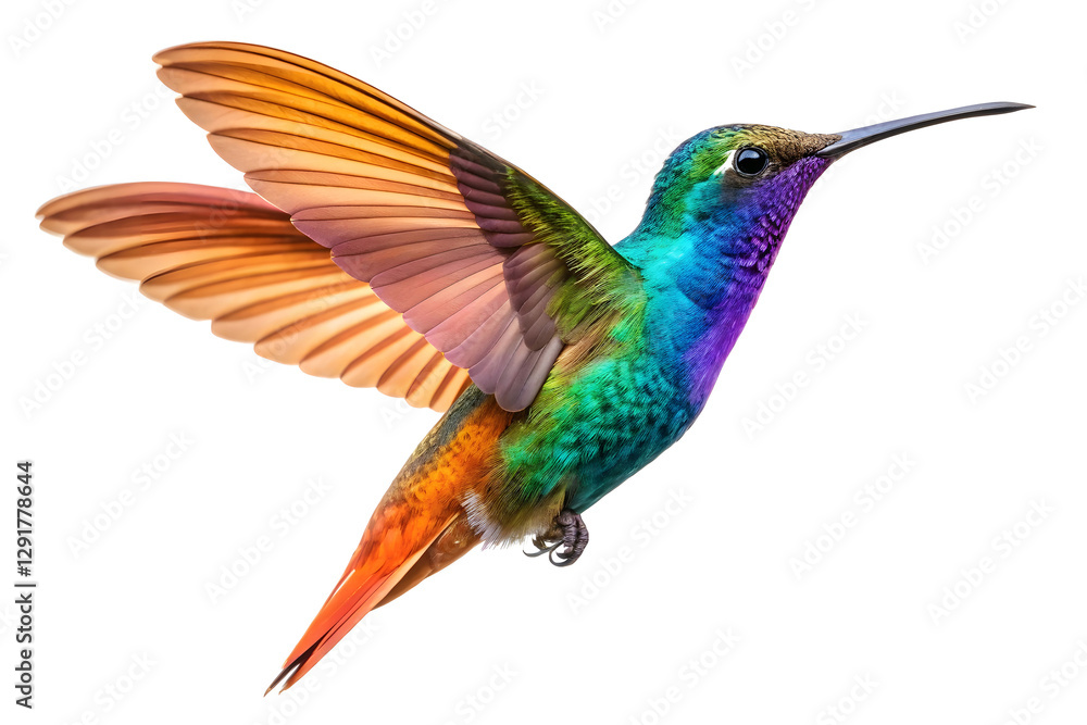Obraz premium Vibrant Hummingbird in Flight Against a White Background