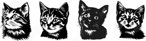 Vector Illustration of Adorable Cat Heads in Black and White Stencil Art Style Perfect for Prints, Stickers,T-Shirts,Wall Art,Tattoos and Digital Designs,Featuring Cute Feline Faces 