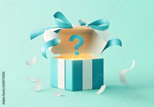 Mystery gift box with question mark symbol glowing on blue background, surprise or unknown present