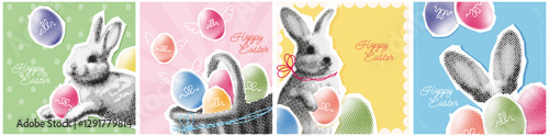 halftone Easter day collage cover set, romantic card with cutout paper elements, greeting poster with dotted icons