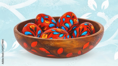 A bowl of beautifully painted red eggs adorned with vibrant blue and orange leaf motifs, set against a light background. photo