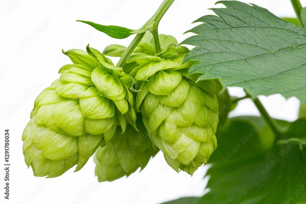 Fototapeta premium Close-up photograph of a green hop flower against a white background, high-resolution photography