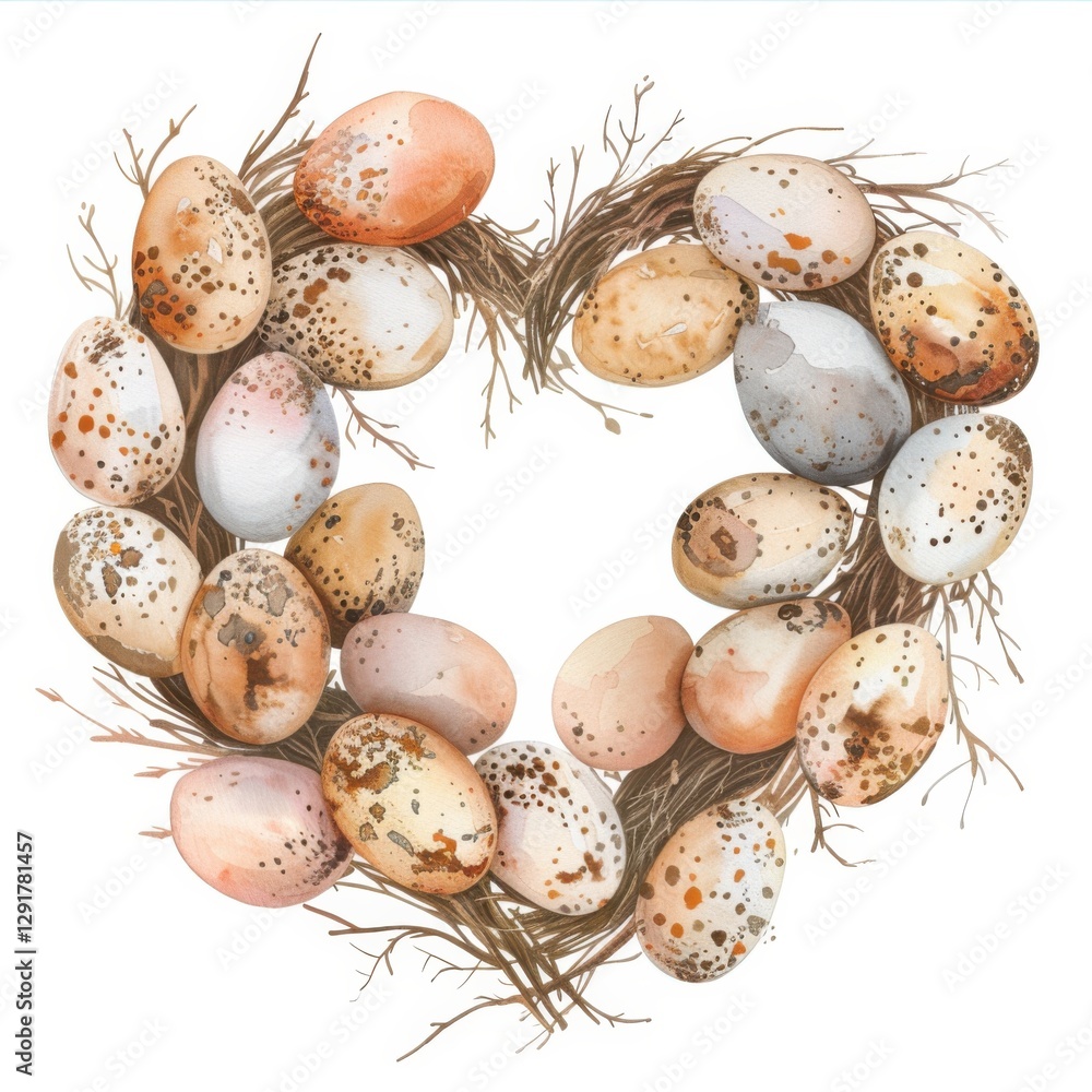 Obraz premium A heart-shaped arrangement of speckled eggs surrounded by twigs, symbolizing love and nature's beauty.