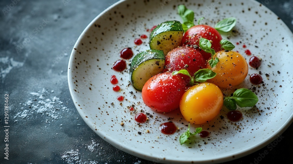 Colorful tomato and zucchini salad on plate, garnished with herbs and sauce, dark background Colorful tomato and zucchini salad on plate, garnished with herbs and sauce, dark background