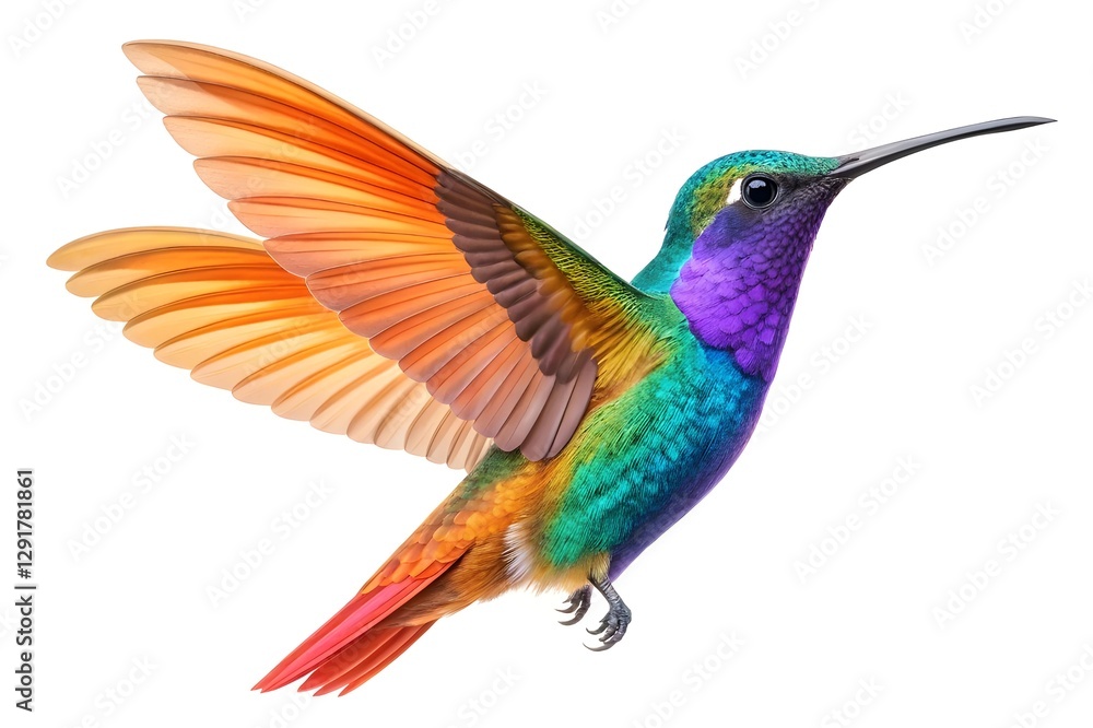 Obraz premium Vibrant Hummingbird in Flight Against a White Background
