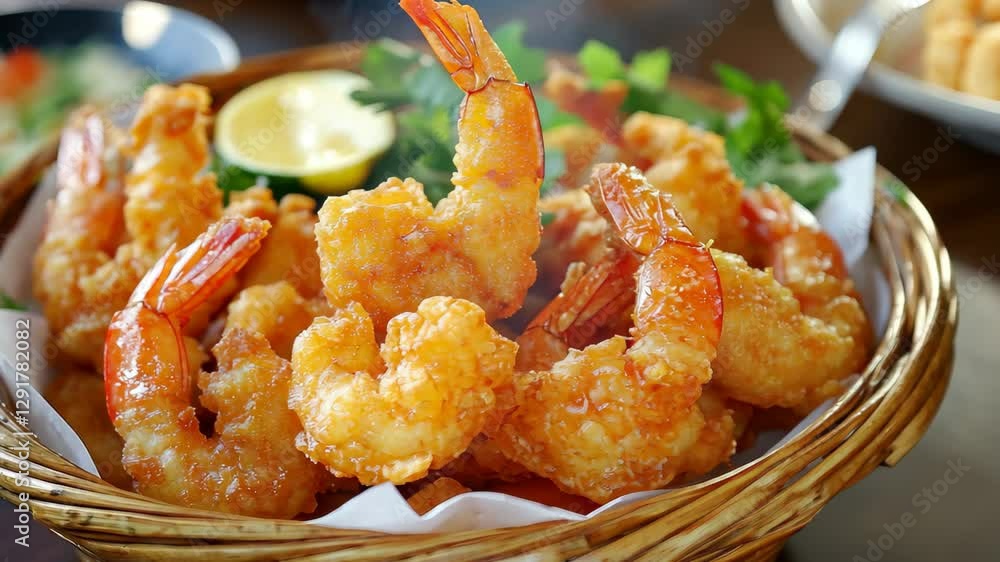 Delicious deep fried shrimp served in a rustic basket at a casual dining setting, Basket of deep fried shrimp, rustic setting, casual dining, golden and tempting Delicious deep fried shrimp served in a rustic basket at a casual dining setting, Basket of deep fried shrimp, rustic setting, casual dining, golden and tempting