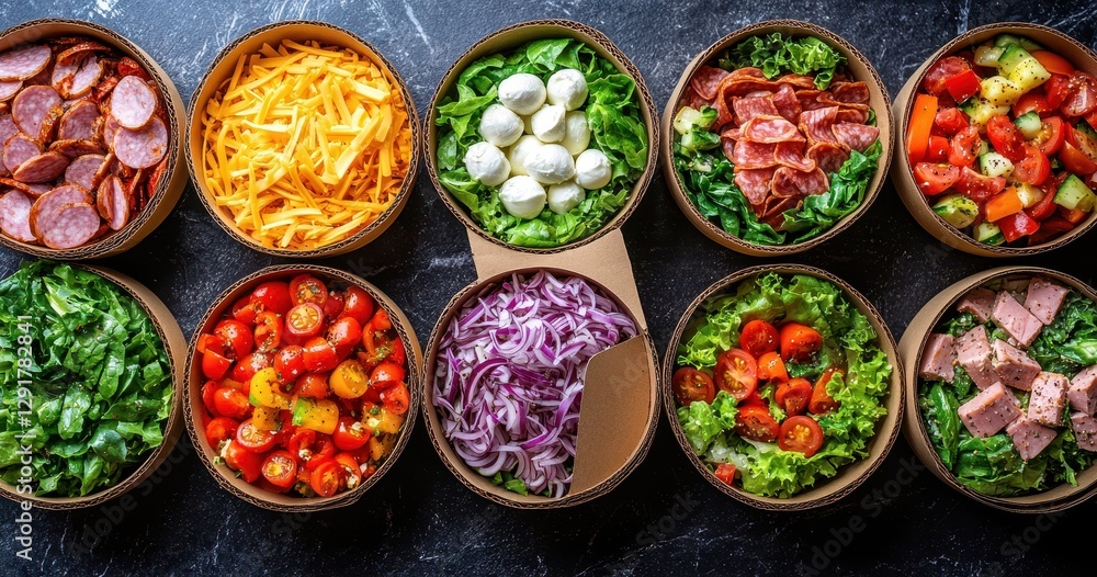 Colorful Array of Fresh Salads with Varied Ingredients in Round Containers on Black Surface for Healthy Meal Inspiration and Food Photography Colorful Array of Fresh Salads with Varied Ingredients in Round Containers on Black Surface for Healthy Meal Inspiration and Food Photography