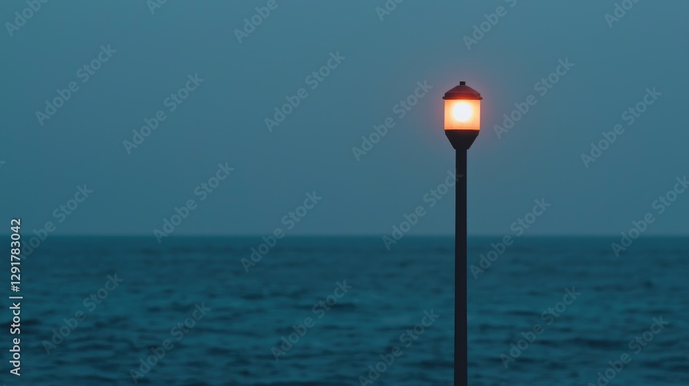 Luminous lamppost at dusk overlooking the ocean. Possible use Stock photo for nature, serenity, tranquility Luminous lamppost at dusk overlooking the ocean. Possible use Stock photo for nature, serenity, tranquility