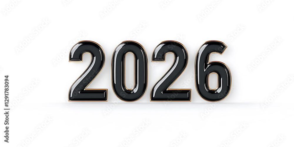 Glossy Year 2026: Stylish Design on White. Reflective numbers mark a future date with elegance and simplicity against a clean backdrop. Glossy Year 2026: Stylish Design on White. Reflective numbers mark a future date with elegance and simplicity against a clean backdrop.