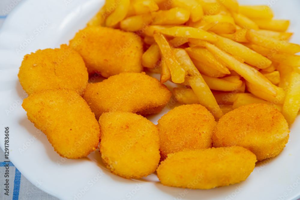 French fries and golden chicken nuggets on a plate close-up French fries and golden chicken nuggets on a plate close-up